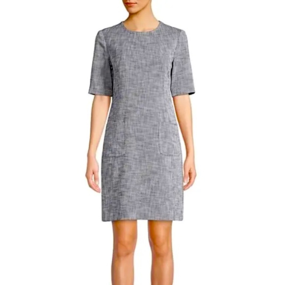 Trina Turk Women's Navy Blue White Tweed Short Sleeve Mini Shift Dress Size 14
